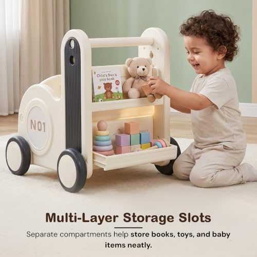 Image of Baybee 4 in 1 Baby Push Walker & Shopping Cart for Kids, Convertible Ride-On Toy, Pull Cart & Toy Organizer, Storage Compartments, Secure Rope Grip, Smooth Wheels & Rounded Edges | Walking Support for 0-3 Years (Black & White)