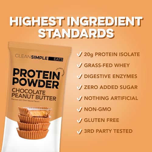 Image of Clean Simple Eats Whey Isolate Protein Powder, Chocolate Peanut Butter, Naturally Sweetened, Zero Added Sugar, 20g 100% Grass Fed Protein Powder with Digestive Enzymes, Gluten Free, Non GMO, 10 Sticks