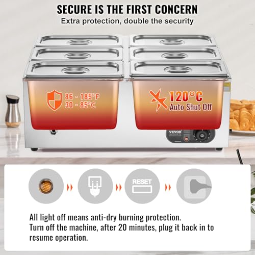 VEVOR kommerzieller Speisenwärmer 6 x 5 Qt Speisebehälter (1/3 Größe), elektrische Warmhalteplatte, 1500 W professionelles Buffet-Set aus Edelstahl, Buffet-Bain-Marie, 30–85 °C Temperaturregelung – Bild 5