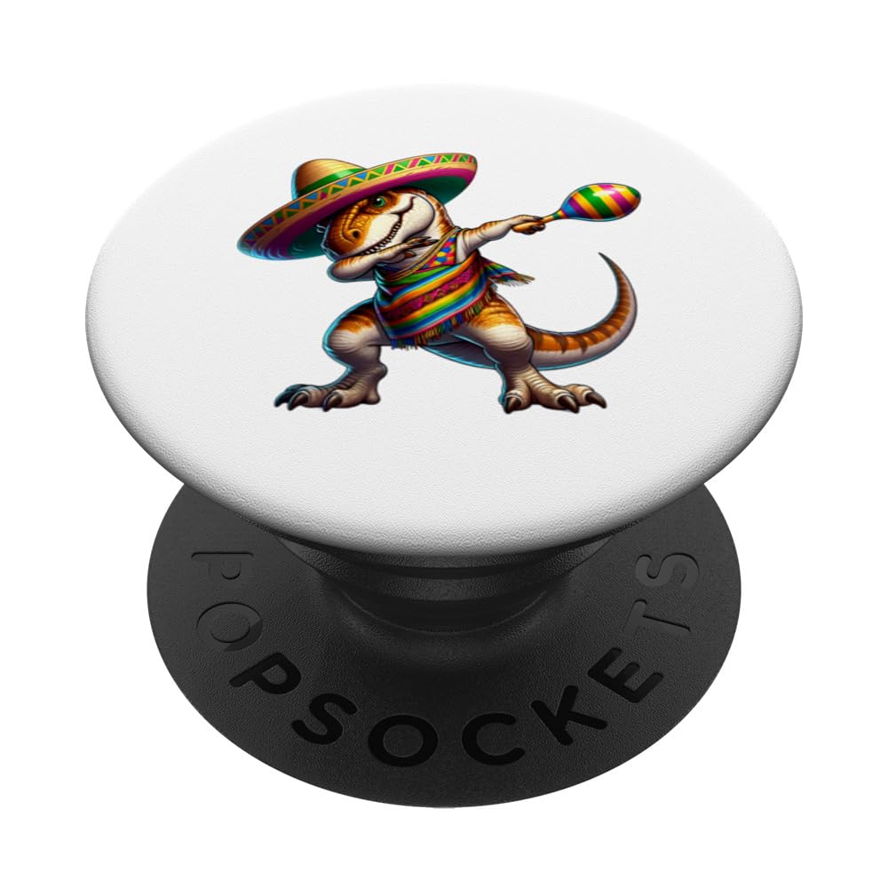 Dabbing T Rex Dinosaur Cinco De Mayo Sombrero Poncho Fiesta PopSockets Swappable PopGrip, Black