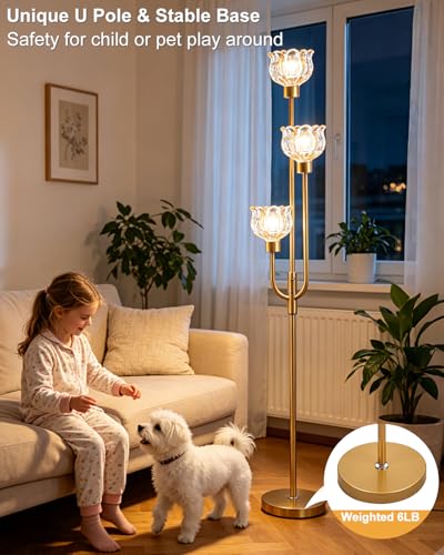 Image of 3-Lights Modern Glass Floor Lamp 66IN Gold Dimmable Floor Lamps with 3000K Warm White Bulbs for Wedding Party Tall Standing Lamp with Amber Glass Shade for Living Room /Bedroom /Girls Room