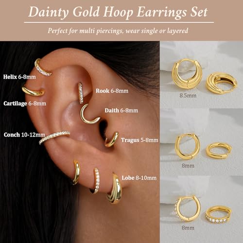 Small Sterling Silver Huggie Hoop Earrings Set for Women, Hypoallergenic 14K Gold Plated Hoops Stacks for Multiple Piercings, Dainty Cute Mini Lightweight Cartilage Studs Trendy Jewelry Gift3