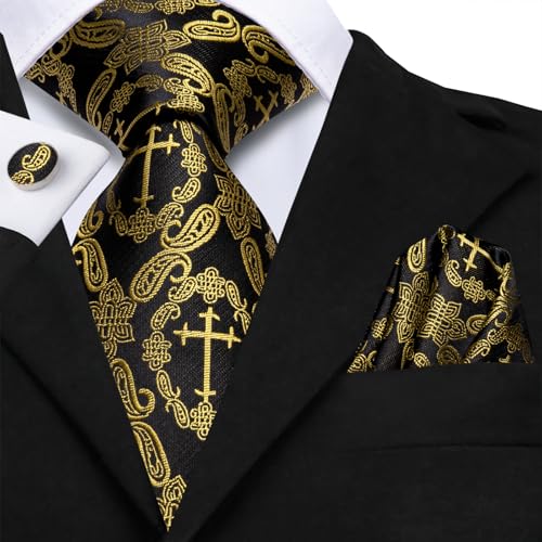 Image of Hi-Tie Mens Plaid Ties Classic Paisley Necktie with Handkerchief Cufflinks Set Business Stripe Tie