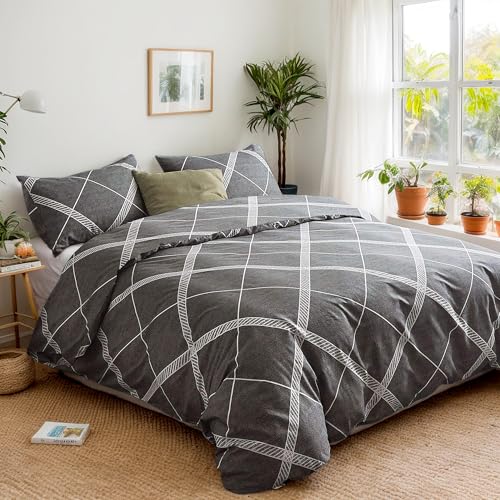 Image of TOCOMOA Plaid Duvet Cover Set 100% Natural Cotton Soft Comfy Breathable 3 Piece Grey and White Striped Pattern Printed Comforter Cover Bedding Set (Queen 90 inchx90 inch, Comforter Not Included)