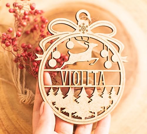 Bola de Navidad Personalizada - Decoración navideña - Esfera grabada en Madera de máxima Calidad con Cuerda incluida (Lazo 2)