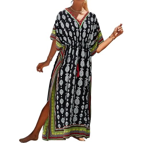 Bsubseach Kaftan Dresses for Women Plus Size Swimsuit Cover Up Long Caftan Dress with Waist Drawstring Black Green One Size