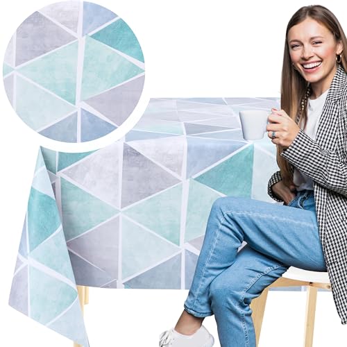 KP HOME Shimmer Grey PVC Table Cloth Wipe Clean Tablecloth with Blue Geometric Triangle Print - Rectangular 78.7x 55.1 - 200x140cm Waterproof and Wipeable Plastic Table Cover Large Vinyl Oilcloth