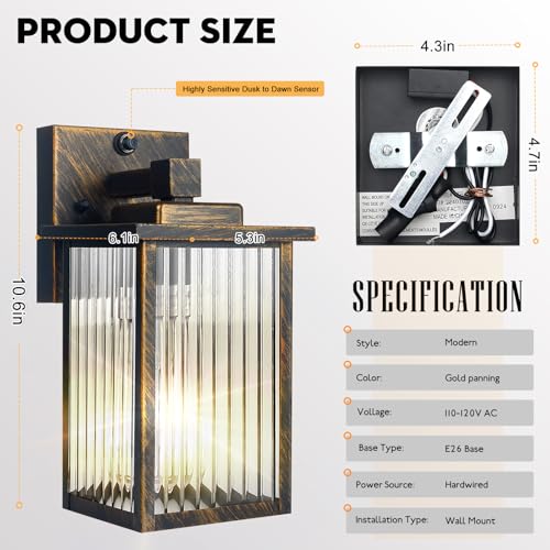 Image of 2 Pack Outdoor Wall Lights with Dusk to Dawn Sensor, Waterproof Exterior Lights for House Porch and Garage, Black Brush Gold Metal Wall Sconce with Textured Glass