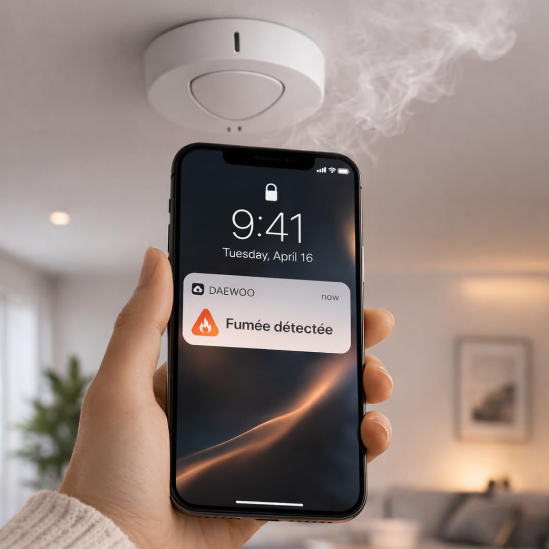 Alarma para casa conectada sin suscripción – Daewoo Security Smart Protect Safety Essential con cámaras HD, Sirena Solar, Detector de Humo y 4 contactores de Puerta – Compatible con Alexa & Google