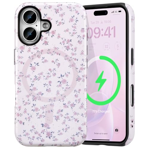 Coque iPhone 16 Plus robuste anti-chute et magnétique à fleurs violettes