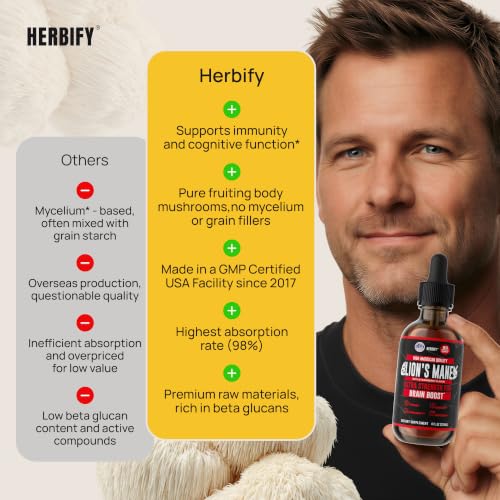 Image of HERBIFY Lions Mane Supplement - Daily Mushroom Supplement for Memory, Focus & Clarity - Brain Booster - Lions Mane Tincture for Immune Support - 4 Fl oz Strawberry Flavor