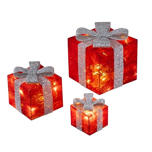 Bambelaa! 3er Led Deko Geschenke Leucht Boxen Timer Weihnachts Dekoration Weihnachtsdeko Beleuchtet Deko Weihnachten (Rot)