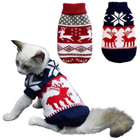 Vehomy 2Pcs Pet Puppy Christmas Jumpers Cat Sweater Kitten Knitwear Dog Xmas Clothes Navy Blue and Christmas Red Sweaters with Reindeers Snowflakes Pattern for Kitten Cat Puppy Dog S Cover