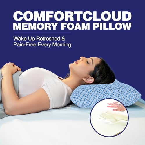 Image of WELLGIVER Ergonomic Memory Foam Pillow for Neck Pain | 2 Years Warranty | 21 x 14 x 4.5 Inch | Orthopedic Pillow for Side Sleeping | Removable Washable Jacquard Blue Cover | Pack of 2