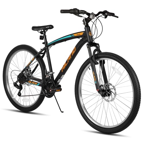 HH HILAND Mens and Womens Mountain Bike, 26 Inch 18 Speed Mountain Bicycle with Dual Disc Brake, Front Suspension Fork, High Carbon Steel Frame Urban Commuter Bike for Adults, Black Orange