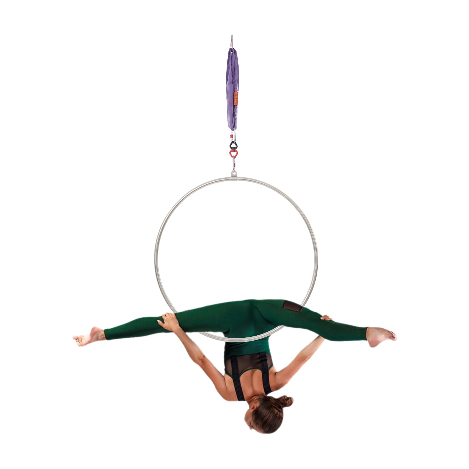 Aerial Hoop 95 cm aus Edelstahl, Einzelpunkt-Luftreifen mit 360° drehbarem Verbinder und Rundschlinge, für Yoga, Akrobatik & Zirkus, Silber+Lila