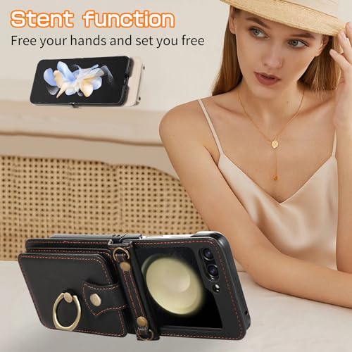 Asuwish Phone Case for Samsung Galaxy Z Flip 5 5G 2023 Wallet Cell Cover with Crossbody Strap Ring Stand RFID Credit Card Holder Leather Accessories ZFlip5 Z5 G Flip5 5Z Women Men Girls Black