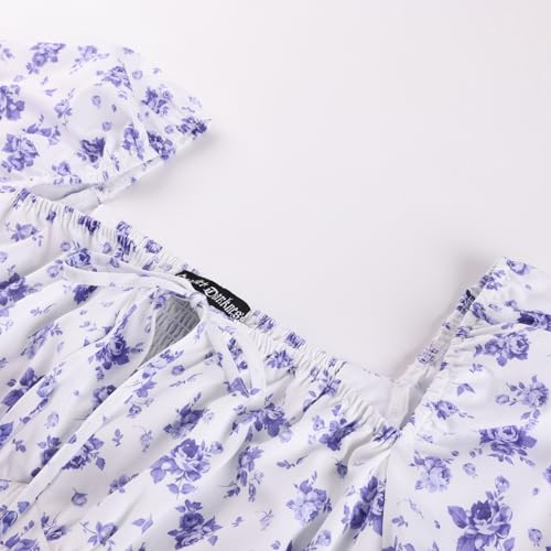 Image of Scarlet Darkness Summer Spring Split Floral Corset Midi Dress with Pockets | Floral dress with elastic sleeves, tie square neck, smocked back, 3 boned waist, left zip, side pockets, front thigh slit