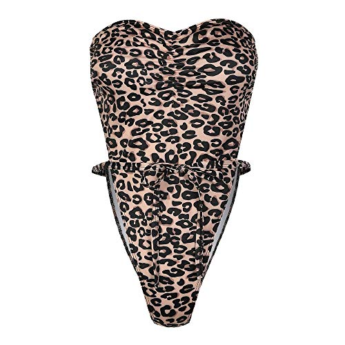 Leyorie Fashion Leopard Print One Piece Swimsuits Monokini Strapless Ruched Bikini Swimwear (Multicolor,XL)