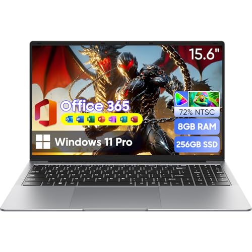 Ordinateur Portable 15,6" Window 11 Pro avec 8 Go de RAM, SSD 256 Go, MS Office 365, écran 100% sRGB, processeur N4000, Wi-FI 5 Double Bande, Bluetooth 4.2, USB-A, HDMI, écran FHD 1920 x 1080