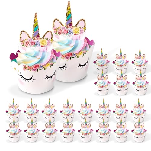 Viechoes 24-delige set cupcake-toppers, eenhoorn-cupcake-toppers, verjaardagsdecoratie, taartdecoratie, cupcake-wrappers voor verjaardagsfeest, bruiloften, dessert, taartdecoraties (24)