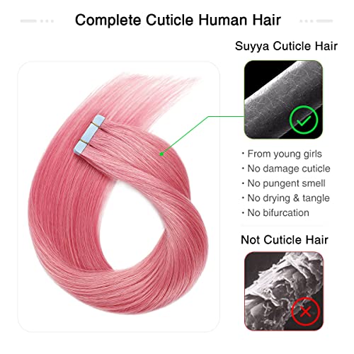 Image of SUYYA Tape In Hair Extensions Human Hair 16 Inch Hot pink | Remy Human Hair, Invisible Skin Weft, Soft & Silky Straight Hair, 10PCS 20G, Seamless Blend, Add Length & Volume