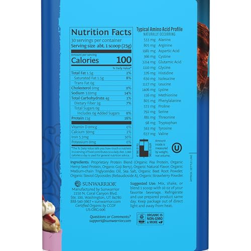 Image of Sunwarrior Vegan Organic Protein Powder Plant-Based | BCAA Amino Acids Hemp Seed Soy Free Dairy Free Gluten Free Synthetic Free Non-GMO | Berry 30 Servings | Warrior Blend