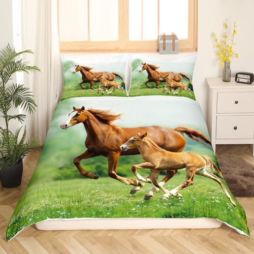 Erosebridal Galloping Horse Bedding Set 3D Horse Duvet Cover Twin Size Easter Horse Comforter Cover Farmhouse Animals Bedspread Cover for Kids Girls Teens Adult Room Decorative, Green