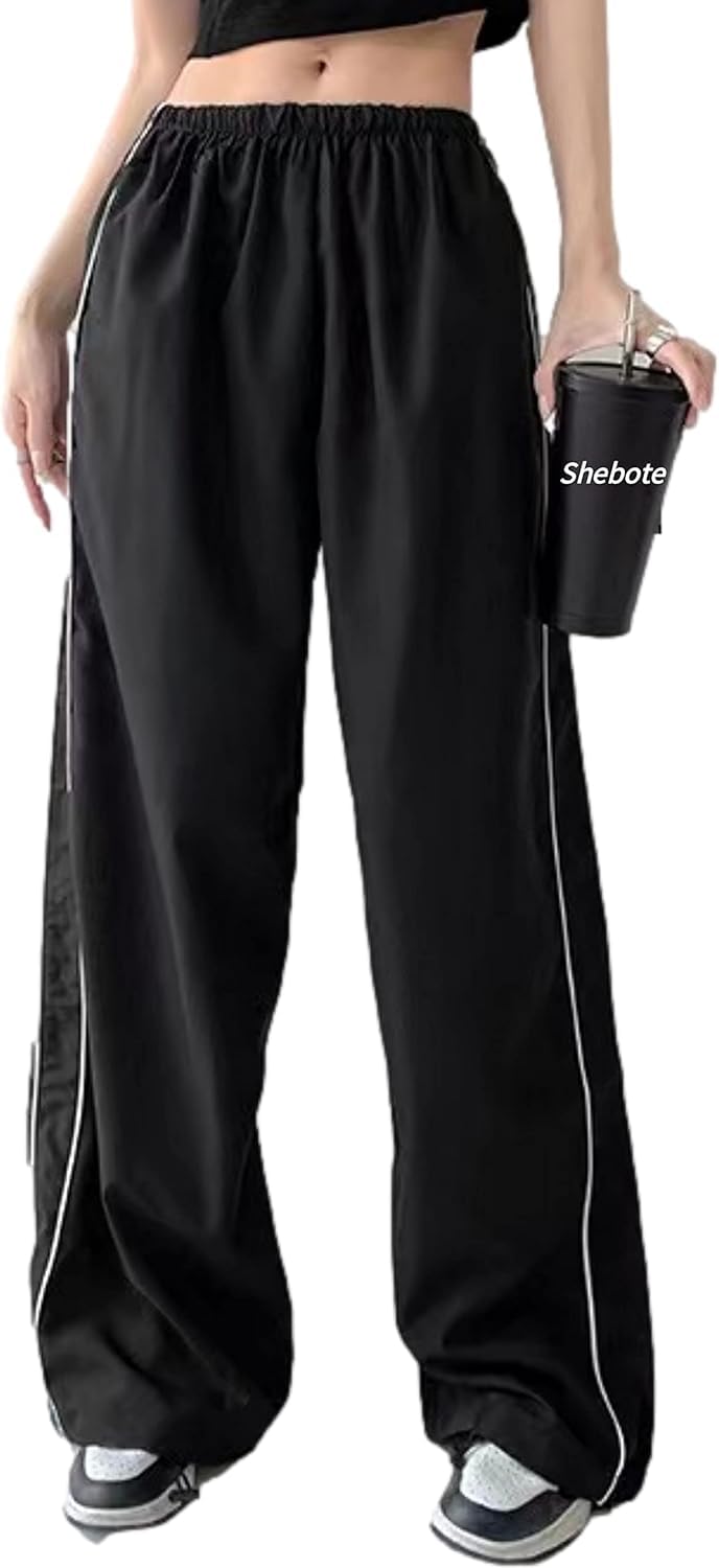 Llecdaseui Women's Black Parachute Pants Wide Leg Baggy Pants Y2k Elastic Waist Jogger Sweatpants Track Pants Streetwear (,M)