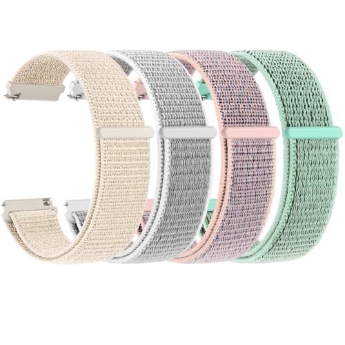 Wanme 4 Piezas Correas de Nylon para Reloj Compatible con 20mm 22mm, Pulsera de Repuesto Transpirable Suave para Hombres y Mujeres, (20mm, Rosa+Verde Océano+Gris Claro+Luz de las estrellas)