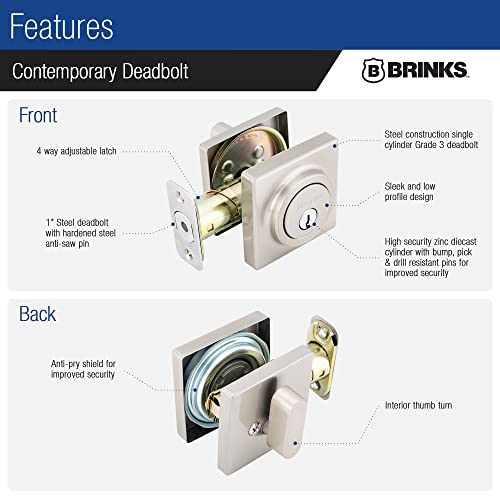 Brinks - Contemporary Single Cylinder Deadbolt, Satin Nickel - Built For Rigorous Residential Protection With Ansi Grade 3 Security (E2402-119) #TOP3