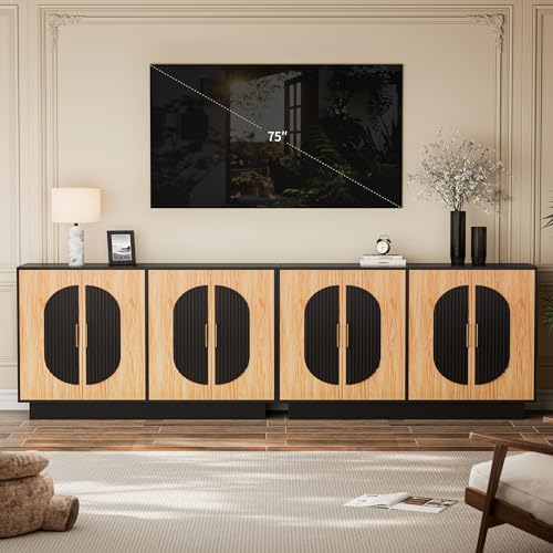 Image of 116 inch Fluted Modular Buffet Cabinet with Arched Doors & Gold Handles, Mid Century Modern Sideboard Credenza Storage with Adjustable Shelves, Wood Coffee Bar Console Table for Dining Living Room