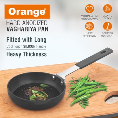 Image of Orange Hard Anodised Tadka /Vaghariya Pan 115 mm | 2.6mm Thick | Cool Touch Silicone Handle | Stable Base | Spice Seasoning,Frying & Roasting | Gas Stove Compatible | 1 Year Warranty