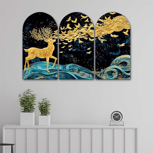 Image of Livin'luxe Golden Deer Arch Shape Wall Painting Set of 3 | Blue Wave & Night Sky Art Panels | Modern MDF Textured Triptych for Living Room, Bedroom, Hall & Home Wall Decor (20 x 30 Inch) RPNS-35387