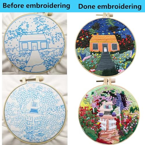 Image of Allazone 2 Sets Embroidery Kit for Beginners, Stitch Practice Kits for Craft Lover Hand Stitch with Embroidery Fabric with Stamped Pattern, Starter Stitch Kits Suitable for Adults (Garden)