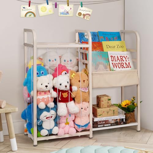 Image of Trycooling Stuffed Animal Storage with Kids Bookshelf Book and Toy Organizer - 3-Tier Bookshelf Organizes Books with Elastic Cord Stuffed Animal Holder for Plushie Toys, for Kids Room, Playroom