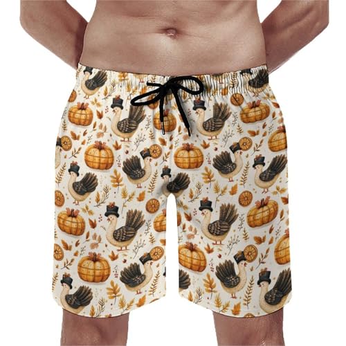 Hawaiian Shorts for Men - Comfy Turkeys Wearing Hats Print Mens Swim Trunks Bathing Suits with Mesh Lining
