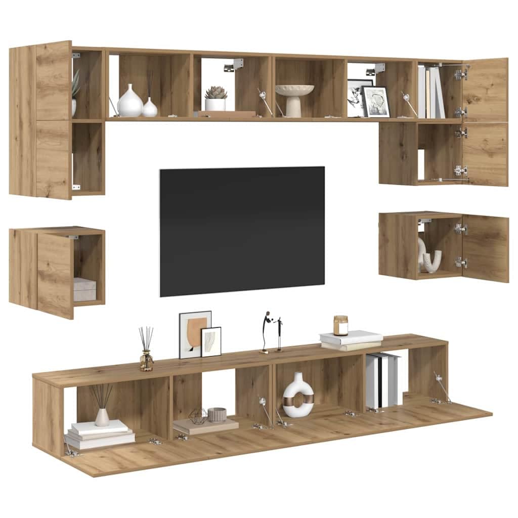 TV-Schrankset Wandmontiert 8-teilig, Artisan-Eiche Holzwerkstoff, Modernes Media-Center für Wohnzimmer, Schlafzimmer, platzsparende TV-Konsole