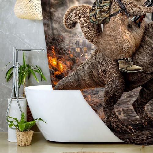 Image of Funny Squirrel Warrior Riding Dinosaur Shower Curtain, Waterproof Fabric Bath Curtain Set with Hooks, Funny Animal Shower Curtain for Kids Men Bathroom, 72X78 Inches