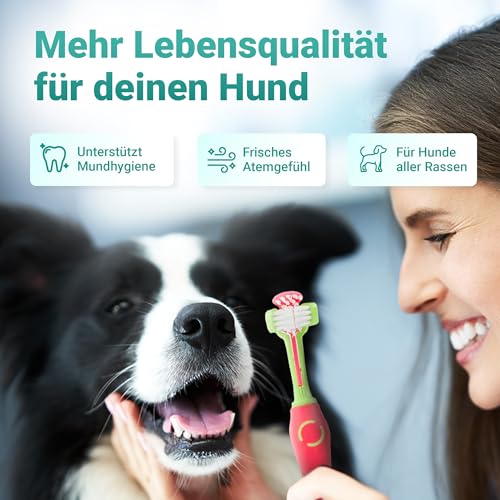 emmi-pet Zahnpflegeset für Hunde - 1x3köpfige Hundezahnbürste mit 1x Hundezahnpasta und 2x Fingerzahnbürste (Pink, Erwachsene - Senioren)