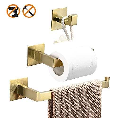 Preisvergleich Produktbild WOMAO Rostfrei Gebürstet Gold Finished 3er Set Badezimmer Accessoires Inklusiv Handtuchhaken Handtuchring Toilettenpapierhalter, Ohne Bohren Selbstkleben