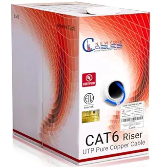 NewYorkCables Cat 6 Riser Cable - 100% Solid Pure Copper, UTP Conductors, 23 AWG 4 Pair, Easy Pull Box, 1 Gigabit High-Speed, Quality Tested, Cat6 Ethernet Cable 1000ft (Blue)