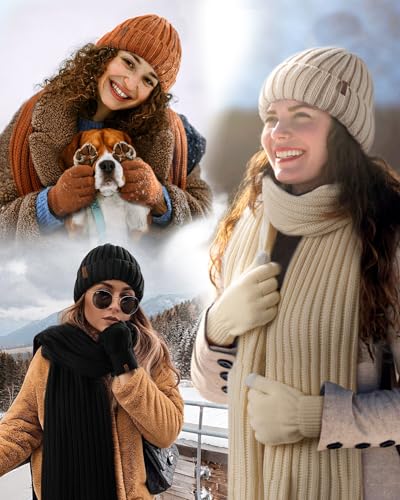 FURTALK Winter Warm Beanie Knit Hat Touchscreen Gloves Scarf Set Soft Fleece Lined Double Layer Skull Cap Gifts for Women4