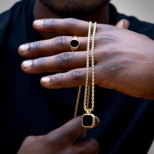 TRUMIUM Black Onyx Pendant Necklace for Mens Womens 14k Gold Plated Stainless Steel Necklace Square Rectangle Pendant Rope Chain 22inch4
