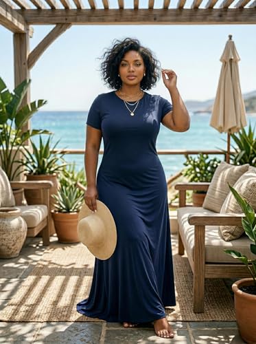 Image of SUZONANA Plus Size Maxi Dress for Curvy Women Summer Casual Sundress Short Sleeve Loose Vacation Dress