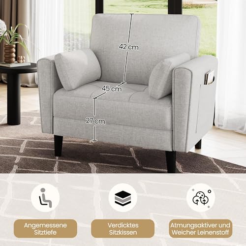 Yaheetech 1 Sitzer Sofa, Loveseat, Kleine Sofa mit 2 Kissen und Armlehnen, Moderne Leinen Couch Sofa, Couch Loungesofa Set für Wohnzimmer, Graubeige