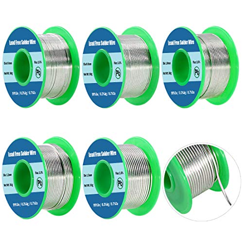Swpeet 5Pcs 0.6mm 0.8mm 1.0mm 1.2mm 1.5mm Solder Wire Rosin Core Set for Most Electrical Soldering, Electronic, Connector, Sn 99% Ag 0.3% Cu 0.7%