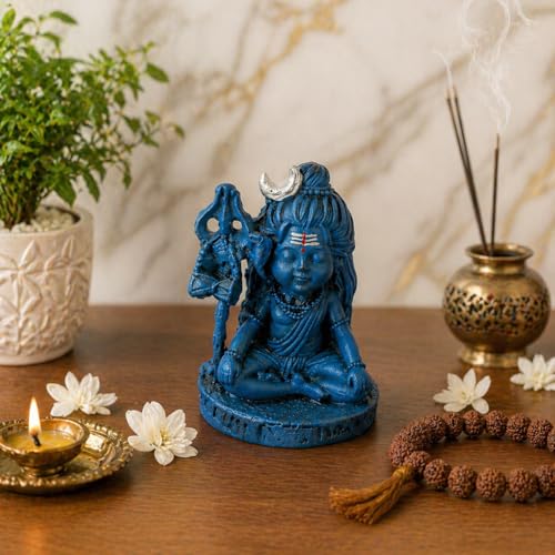 Image of eCraftIndia Meditating Lord Shiva Idol | Blue Shiv Murti with Trishul | Spiritual Decorative Showpiece for Home Decor & Gifting | Compact Religious Statue for Temple & Living Space