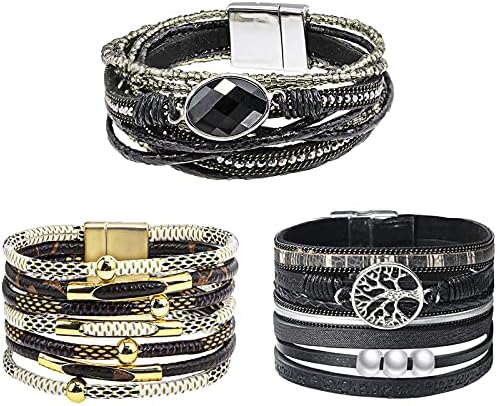 LucyneSwayne Leather Cuff Bracelet Set 3 Pieces Multilayer Wrap Bracelets Magnetic Buckle Bracelet Wrist Cuff Bangles for Women