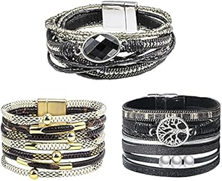 LucyneSwayne Leather Cuff Bracelet Set 3 Pieces Multilayer Wrap Bracelets Magnetic Buckle Bracelet Wrist Cuff Bangles for Women